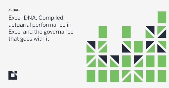 Graphic showing a pattern of green and black geometric shapes resembling a bar chart next to text about Excel-DNA and actuarial performance.