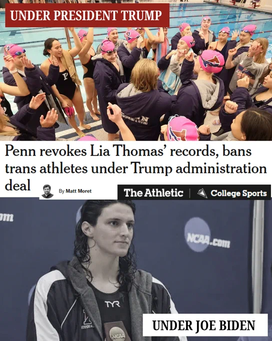 A group of female swimmers in pink swim caps and black swimsuits gather around a coach at a poolside, celebrating with raised arms and smiles, contrasted with a separate image of a swimmer in a black TYR jacket standing alone against an NCAA backdrop, illustrating a shift in policies regarding trans athletes from the Biden to Trump administrations.