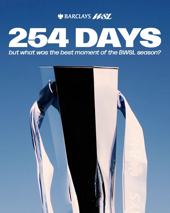 A promotional graphic set against a clear, solid blue sky features the white Barclays WSL logo centered at the top. Directly beneath it, a large, bold white headline reads "254 DAYS". Below this headline, a sub-caption in a smaller italicised white font asks: "but what was the best moment of the BWSL season?".
The bottom half of the graphic showcases a close-up, low-angle shot of the gleaming silver Barclays Women's Super League trophy. The polished, metallic surface of the trophy reflects the surrounding light and environment, creating high-contrast dark and light vertical panels. Light-coloured decorative ribbons featuring the embossed Barclays logo and text drape down smoothly from both sides of the trophy's handles.