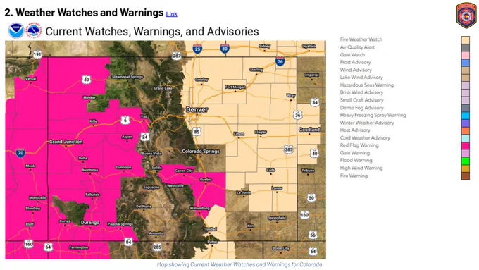 Map of Colorado indicating areas where the National Weather Service has issued a Red Flag Warning or a Fire Weather Watch