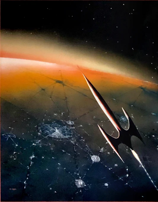 A thin rocketship flies over a planet. It's night on the planet, with several circles of light or something visible from space on the surface.
