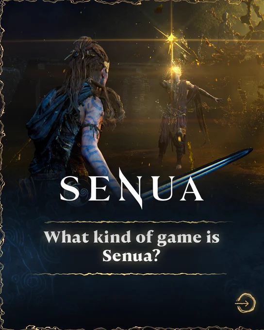 A graphic contains a screenshot from the game Senua, depicting a celtic warrior wielding a sword approaching a fantastical enemy. The ‘SENUA’ logo is displayed in the centre. Below, text reads: "What kind of game is Senua?"
