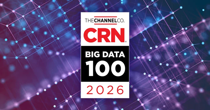 CRN.com's 2026 Big Data 100 badge, a vertical rectangle that says, "The Channel Co: CRN: Big Data 100 2026," set against a purple-and-blue background, covered by both in- and out-of-focus glowing interconnected dots in white, pink, and blue that form squares.