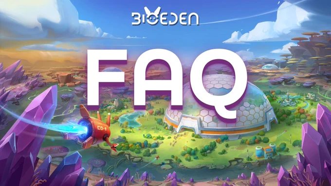 Futuristic landscape with purple crystals, a flying spaceship, a domed structure, and large "FAQ" text overlaid.