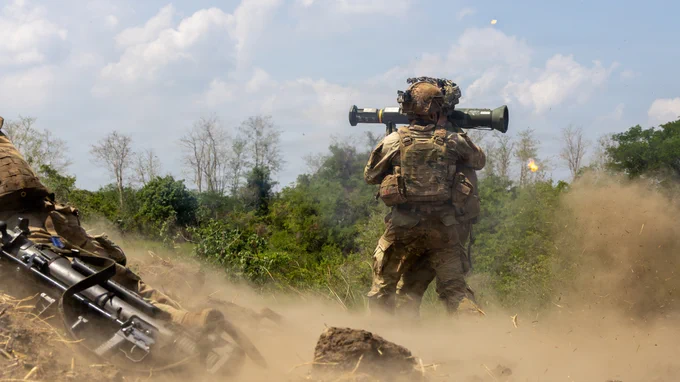 U.S. Soldiers assigned to the 3rd Mobile Brigade, 25th Infantry Division, engage targets with a M136 AT4 to provide support-by-fire during platoon live fire training as part of Salaknib 2026 at Fort Magsaysay, Nueva Ecija, Philippines, May 28, 2026.