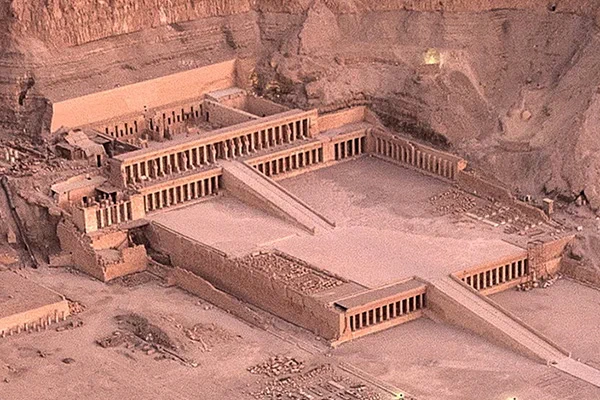 Aerial view of the temples of Hatshepsut and Mentuhotep II in Deir el-Bahari, Luxor West Bank, Egypt.
