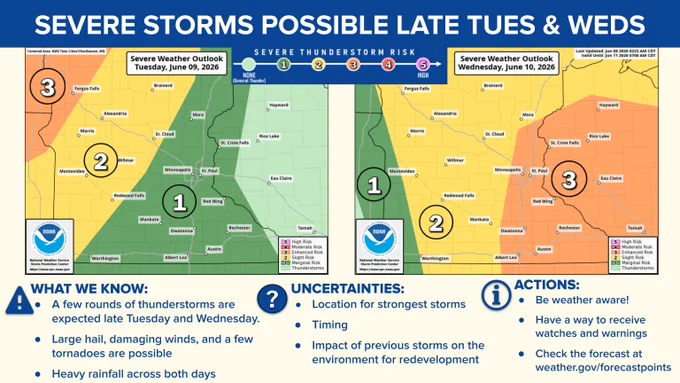 Image of maps showing the risk level for severe storms Tuesday and Wednesday