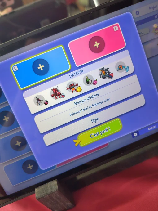 Photo de ma switch avec mon équipe : Floette MEGA - Cizayox MEGA - Félinferno - Théffroyable - Carchacrok - Motisma Lavage