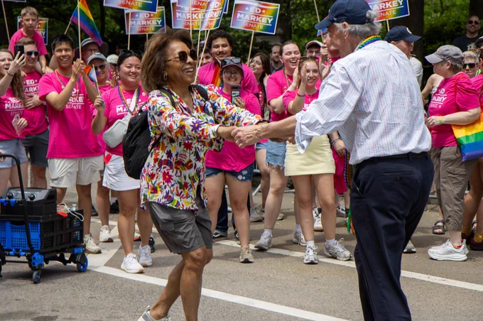 Senator Markey dances with a Pride attendee.