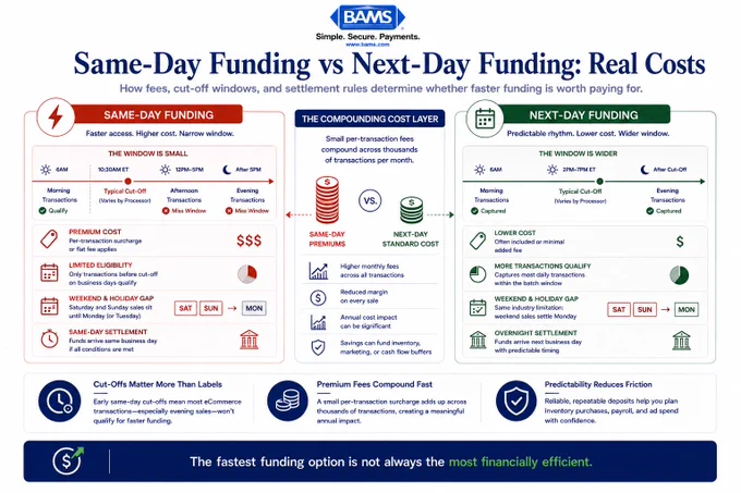 Editorial fintech infographic comparing same-day funding and next-day funding across fees, cut-off windows, settlement timing, ecommerce compatibility, and cash flow predictability.