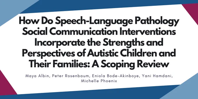 The study title reads, "How do speech-language pathology social communication interventions incorporate the strengths and perspectives of Autistic children and their families: A scoping review". The study authors include Maya Albin, Peter Rosenbaum, Eniola Bode-Akinboye, Yani Hamdani, and Michelle Phoenix.