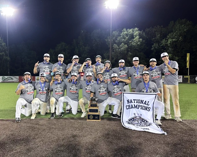 a photo of the FGCU club baseball team holding a banner that reads national champions with a trophy next to it