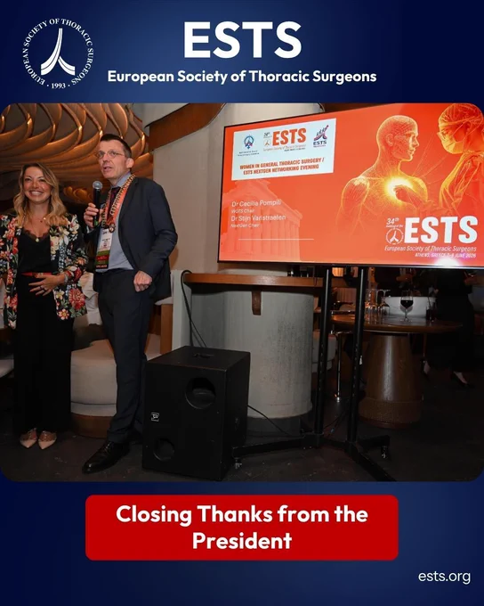 ESTS President speaks with a microphone during the Women in General Thoracic Surgery and ESTS NextGen Networking Evening in Athens, offering closing thanks alongside event organisers in front of the event presentation screen.