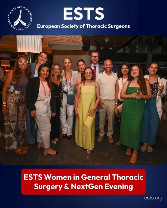 Group photo of attendees at the ESTS Women in General Thoracic Surgery and ESTS NextGen Networking Evening in Athens. Delegates from the thoracic surgery community stand together smiling during the networking reception.