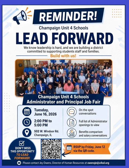 An advertisement poster for Champaign Unit 4 Schools with event details. The poster features a group photo.