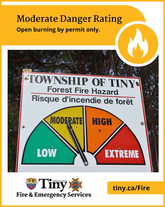 Fire hazard sign in Township of Tiny showing a moderate danger rating with open burning allowed by permit only.