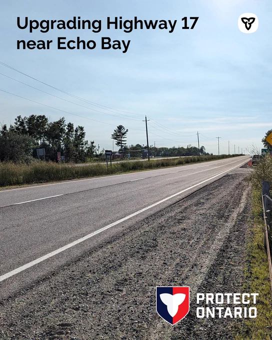 Photo of a stretch of Highway 17 with text: Upgrading Highway 17 near Echo Bay