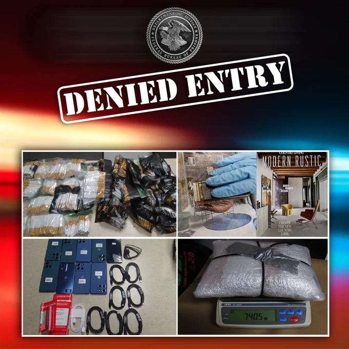 The image features a "Denied Entry" stamp with a seal from the BOP. Below are several photos: a collection of packaged items suspected to be contraband, a gloved hand holding a wire with a magazine cover showcasing interior decor, numerous electronic devices and chargers, and a package on a scale showing "7405.