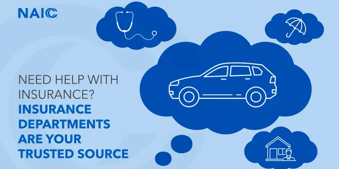 Blue thought bubbles with icons of a car, stethoscope, umbrella, and house alongside text about trusted insurance departments.
