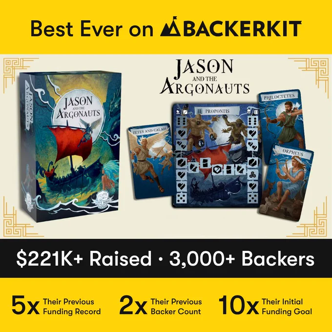 A testimonial graphic with the Envy Born Games logo at top. Quote reads: "I really enjoy launching games on BackerKit for a few reasons. The team behind it is supportive and communicates incredibly well. It feels like what crowdfunding was always meant to be. The innovative tools they provide allow me to create meaningful and engaging interactions with backers before, during, and after campaigns." A photo shows a smiling man holding the Jason and the Argonauts game box. Attributed to Mathue Ryann, CEO, Envy Born Games. A note adds that Jason and the Argonauts raised over $221K on BackerKit, their biggest campaign ever across 9 campaigns. Footer: "Best Ever on BackerKit."