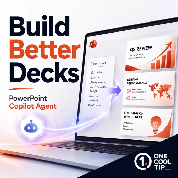 💡 Let Copilot Build Your Next PowerPoint Deck 

Blank PowerPoint deck? Let Copilot help draft, edit, summarize, and refine your slides. Here’s how Microsoft PowerPoint Copilot Agent features can save time without giving up control. 

#Microsoft365 #PowerPoint #Copilot #AI #AIPresentations #ProductivityTips #OfficeTips @Microsoft365 @MSFTCopilot @mspowerpoint @MicrosoftHelps @MicrosoftLearn #TechTips #OneCoolTip @onecooltip

https://www.onecooltip.com/2026/06/let-copilot-build-better-powerpoint.html
