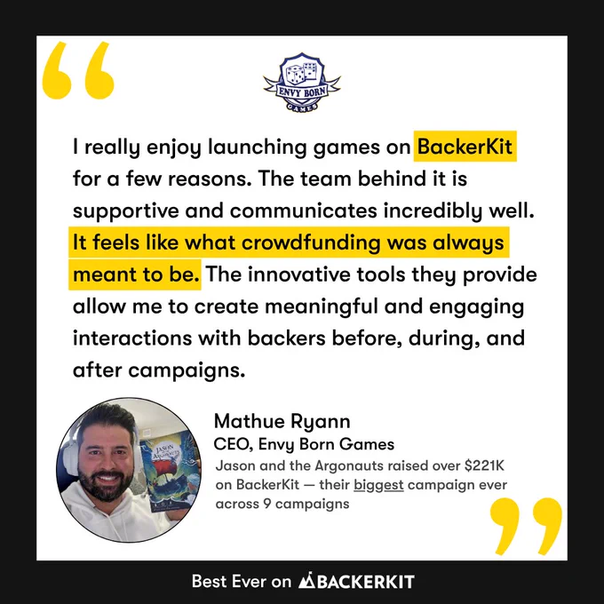 A promotional graphic headed "Best Ever on BackerKit." It shows the Jason and the Argonauts board game box alongside illustrated game cards (Zetes and Calais, Propontis, Philoctetes, Orpheus) featuring Greek mythology artwork. A banner reads "$221K  Raised · 3,000  Backers." Three stats below: 5x their previous funding record, 2x their previous backer count, 10x their initial funding goal.