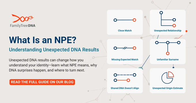 FamilyTreeDNA graphic introducing NPEs and common ways unexpected DNA results may appear.