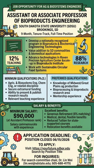 💼 Faculty Opening: Bioproducts Engineering at SDSU!

South Dakota State University is hiring a tenure-track Assistant or Associate Professor in Bioproducts and Bioprocess Engineering.

-Split: 88% Research / 12% Teaching

-Focus: Advanced bioseparation, value-added processing at the Raven Precision Ag Center, and sustainable circular food systems.

-Salary: Min $90,000  (commensurate with rank/experience)

-Qualifications: Ph.D. in Ag/Biosystems Eng, Chemical Eng, or closely related field.

📅 Deadline: June 15, 2026 

🔗 Apply Online: yourfuture.sdbor.edu

#AgEngineering #BiosystemsEngineering #Bioprocess #GreenTech #FacultyJobs #Academia #SDSU #PrecisionAg
