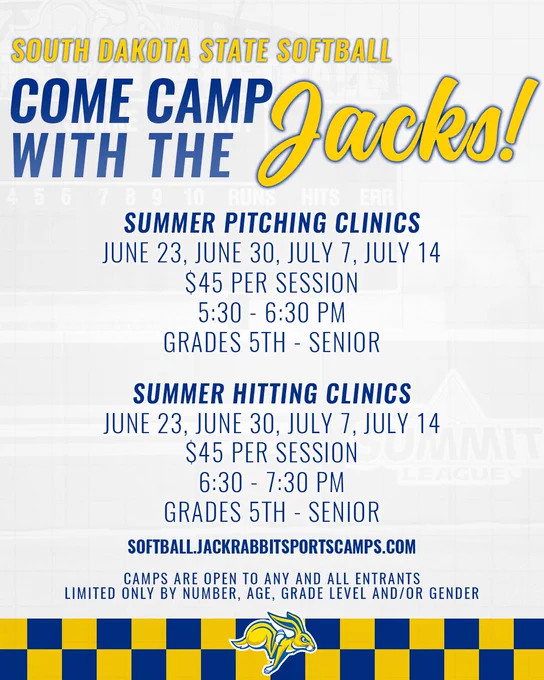 Promotional graphic for South Dakota State Softball summer clinics. Headline reads “Come Camp With the Jacks!” The image lists two clinic options for students in grades 5 through senior year. Summer Pitching Clinics are June 23, June 30, July 7, and July 14 from 5:30–6:30 p.m. for $45 per session. Summer Hitting Clinics are held on the same dates from 6:30–7:30 p.m. for $45 per session. Registration website: softball.jackrabbitsportscamps.com. Footer note states camps are open to any and all entrants and limited only by number, age, grade level, and/or gender. Blue and yellow South Dakota State Jackrabbits branding and logo appear throughout the graphic.