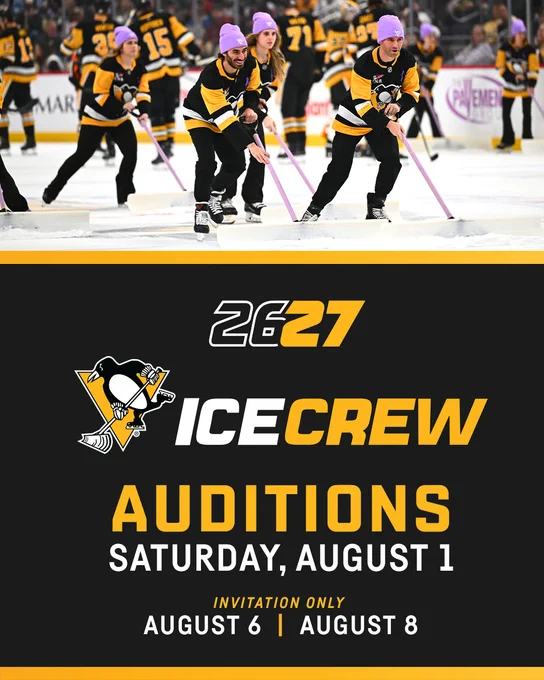 Graphic with photos of the Penguins ice crew with text that says "26.27 Ice Crew Auditions Saturday, August 1"