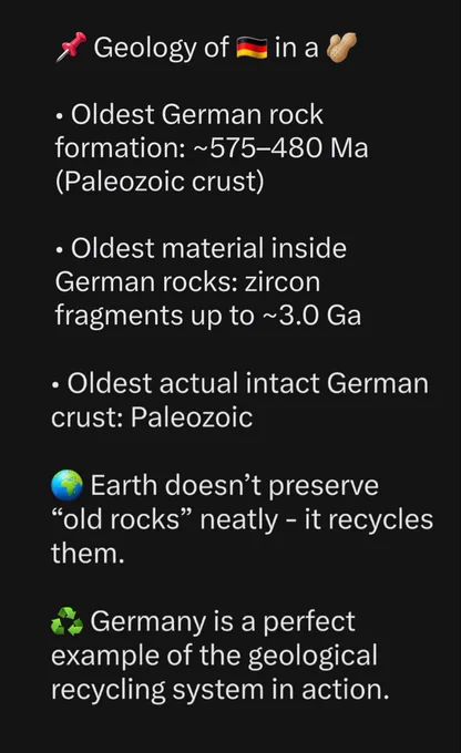 Text:
(Emoji pushpin) "Geology of Germany in a nutshell (Emoji peanuts).

• Oldest German rock formation: ~575–480 Ma (Paleozoic crust)

• Oldest material inside German rocks: zircon fragments up to ~3.0 Ga

• Oldest actual intact German crust: Paleozoic, not Archean

(Emoji Earth) Earth doesn’t preserve “old rocks” neatly - it recycles them.

(Emoji recycling) Germany is a perfect example of that geological recycling system in action."
