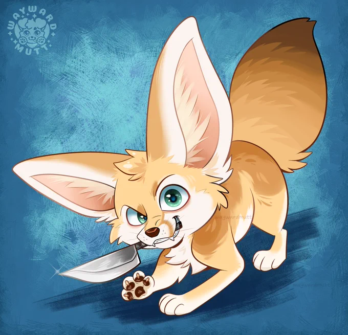 A fennec fox wielding a knife in their mouth. 