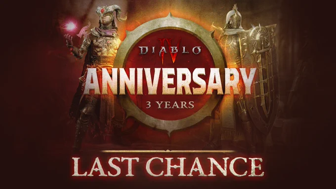 A Diablo IV Warlock and Paladin stand on opposite sides of a large, golden circular emblem. The Warlock wears a horned helmet and ornate dark armor while levitating a glowing pink orb. On the other side stands the Paladin wearing golden armor while holding an enormous engraved shield. Inside the center emblem, text reads: \u201CDiablo IV. Anniversary. 3 Years.\u201D Below the emblem, large text reads: \u201CLast Chance.\u201D\n
