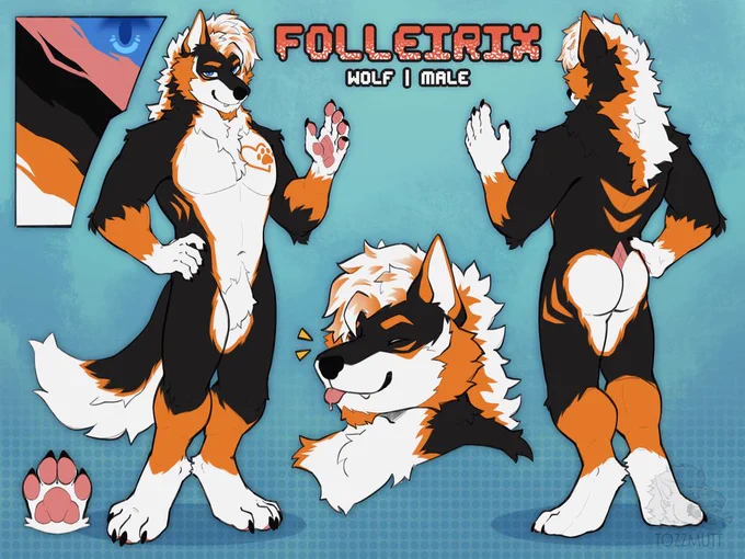 Reference sheet type of illustration of a big furry wolf character. He's mainly black with the underside, hands and feet white; and has some orange accents as well along the body. He's rocking some orange facial hair too as well as a paw and heart symbol on the chest