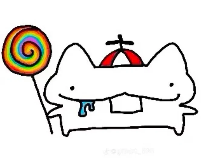 silly cat with one big buck tooth, drooling while holding a lollipop and wearing a helicopter hat 