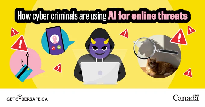Different AI scams are shown in bubbles surrounding a cyber criminal using a laptop. Image text: How cyber criminals are using AI for online threats