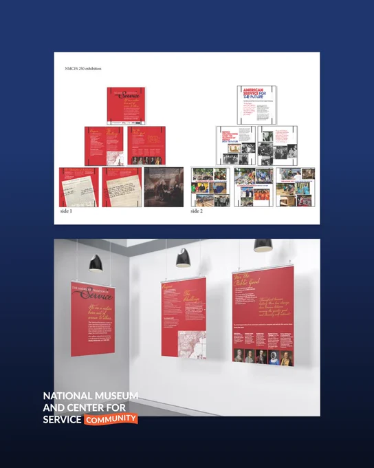 This image shows a display of informational panels and photographs related to the "Service" exhibition at the National Museum and Center for Service. The display contains red and white panels with text and images, mounted on a wall in a gallery setting.