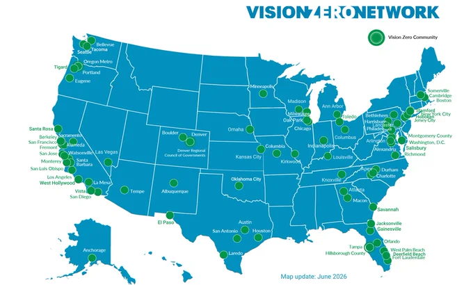 map of the united states in blue with vision zero cities highlighted in green