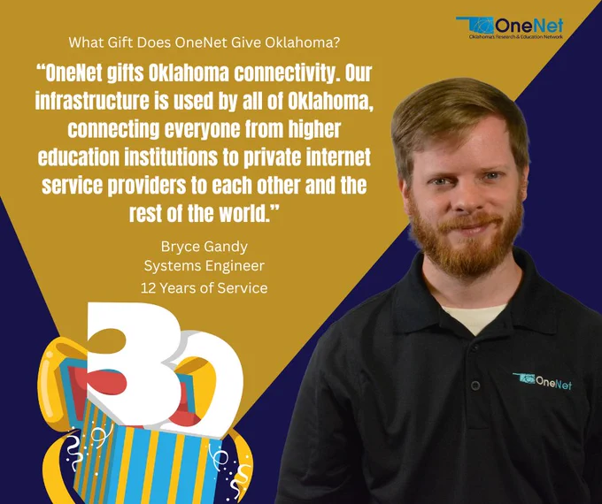 OneNet logo, Bryce Gandy, A gift box with the #30, Text reads - "What Gift Does OneNet Give Oklahoma? OneNet gifts Oklahoma connectivity. Our infrastructure is used by all of Oklahoma, connecting everyone from higher education institutions to private internet service providers to each other and the rest of the world. Bryce Gandy, Systems Engineer, 12 Years of Service"