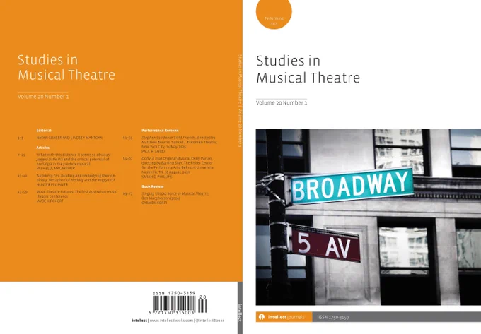 Cover of Studies in Musical Theatre journal, Volume 20 Number 1, featuring a Broadway and 5th Avenue street sign photo.