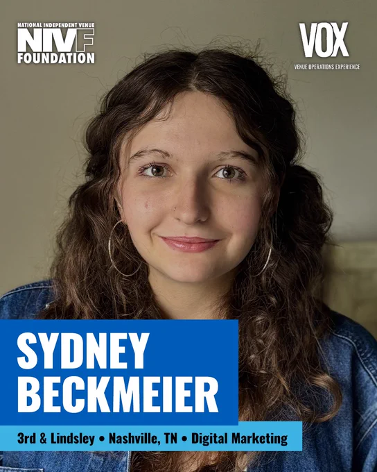 A close-up portrait of a woman with long curly hair and a subtle smile, featuring text overlays about Sydney Beckmeier in digital marketing. Presented by the National Independent Venue Foundation.