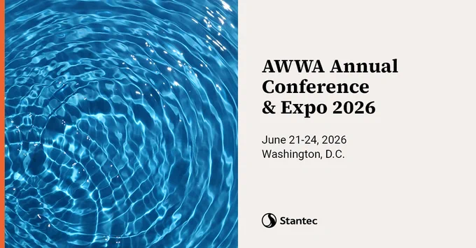 Close-up of rippling blue water next to text announcing the AWWA Annual Conference & Expo 2026 in Washington, D.C.