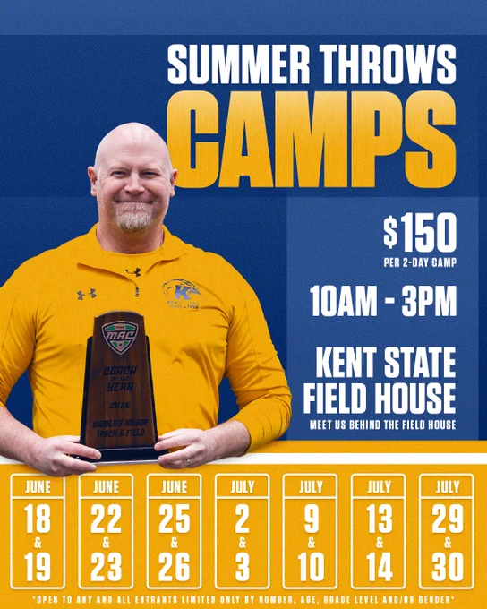 Poster for "Summer Throws Camps" at Kent State Field House, featuring a person holding a trophy. The camps are available on June 18-19, June 22-23, June 25-26, July 9-10, July 13-14, and July 29-30. The time is 10 AM to 3 PM, and the cost is $150 per 2-day camp.
