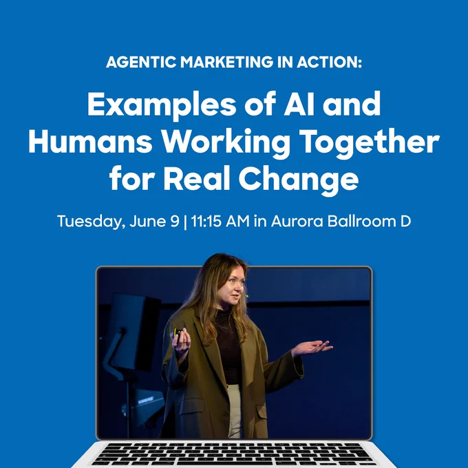 Speaker presenting on collaboration between AI and humans for impactful change during Agentic Marketing session.