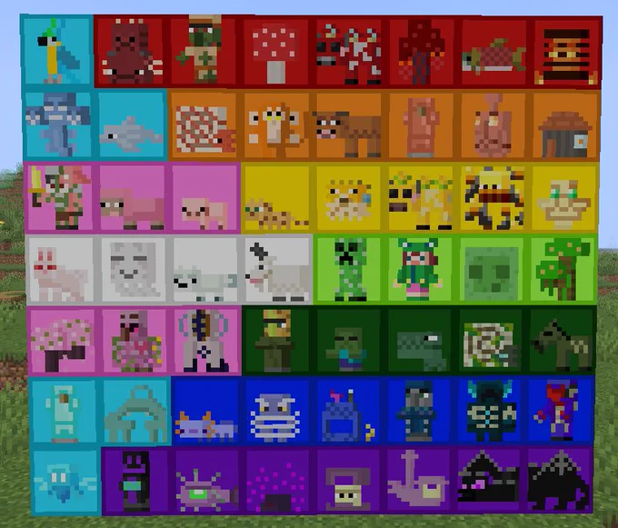 A series of images depicting Minecraft mobs that have been placed on colored blocks arranged in the shape of a progress pride flag.