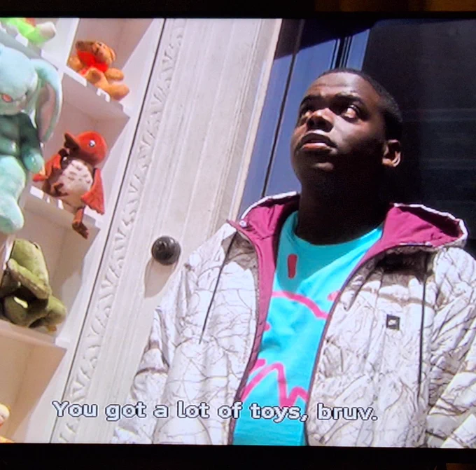 Tealeaf (Michael) (Daniel Kaluuya) is entrusted with a viewing of Mr Lomax's "holy of holies" in Psychoville. A very brightly lit room lined with shelves of collectable plushies.
"You got a lot of toys, Bruv" 