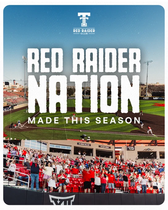 Texas Tech baseball fans cheering in the stands at Rip Griffin Park with an aerial field view and text "Red Raider Nation Made This Season"