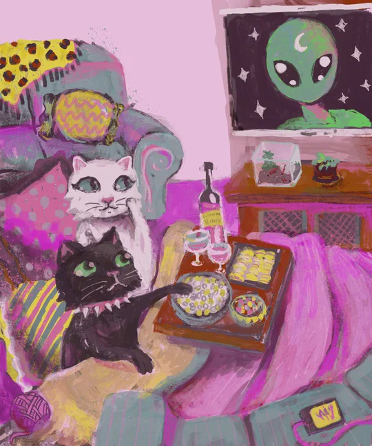 painting of two cats under the covers in the living room with a snack board containing popcorn, chips, chocolates, and wine watching a movie about an alien