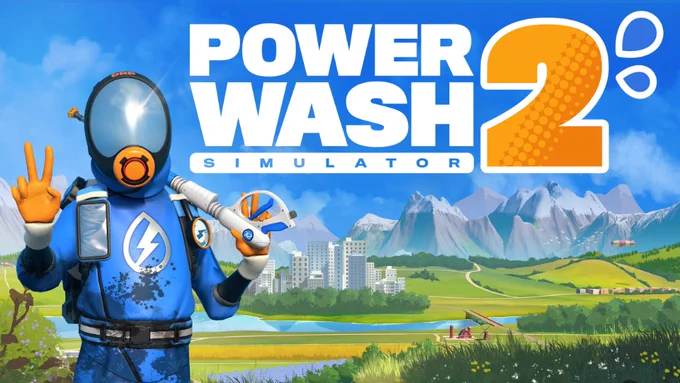 Das offizielle Titelbild von PowerWash Simulator 2. Eine Spielfigur im blauen Reinigungsanzug mit Hochdruckreiniger zeigt ein Peacezeichen. Im Hintergrund sieht man eine sonnige Landschaft mit Bergen und einer Stadt.