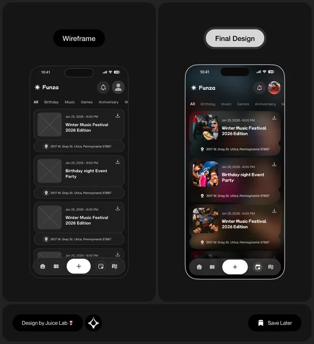 Side by side comparison of an event discovery mobile app wireframe and final UI design. The final version introduces vibrant event imagery, visual hierarchy, dark mode styling, and enhanced event cards for a more engaging user experience.